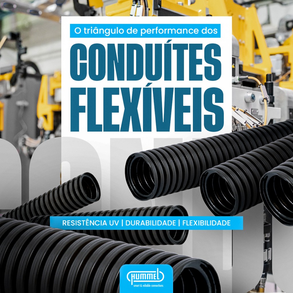 Banner promocional de conduítes flexíveis em fábrica, destacando resistência UV, durabilidade e flexibilidade; logo Hummel no canto.