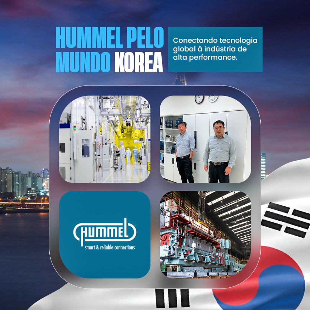 Promotional collage for Hummel Korea: factory interior, two engineers in a control room, Hummel logo with slogan, and large machinery against a cityscape with the Korean flag in the background.
