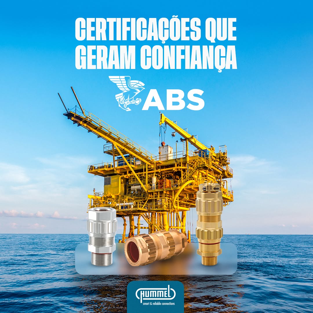 Industrial offshore oil platform with three metallic connectors in foreground and Portuguese text 'CERTIFICAÇÕES QUE GERAM CONFIANÇA' and 'ABS'—trust through certifications by Hummel logo at bottom.