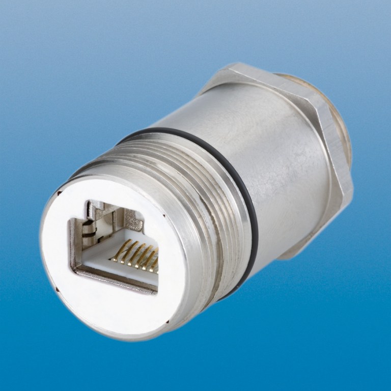 Industrial circular metal Ethernet connector with gold pins inside a white insert on a blue gradient background